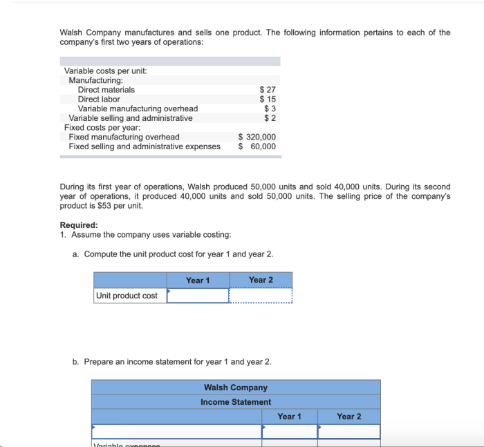 Company walsh sells manufactures solved year variable pertains following information units unit costing manufacturing operations selling fixed per income transcribed